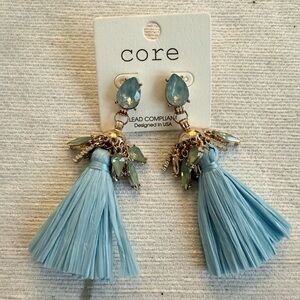 Core Rhinestine  & Blue Raffia Tassel Earrings